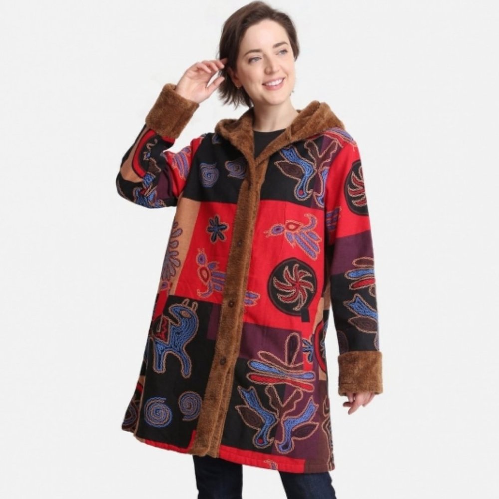 Paisley Printed Sherpa Faux Shearling Coat with Hood